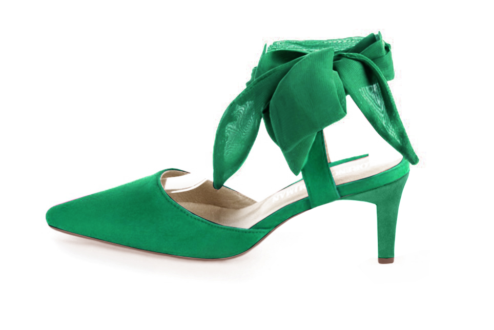 French elegance and refinement for these emerald green dress open back shoes, with an ankle scarf, 
                available in many subtle leather and colour combinations. This pretty pump will sublimate your leg with its scarf tied at the ankle.  
                Matching clutches for parties, ceremonies and weddings.   
                You can customize these shoes to perfectly match your tastes or needs, and have a unique model.  
                Choice of leathers, colours, knots and heels. 
                Wide range of materials and shades carefully chosen.  
                Rich collection of flat, low, mid and high heels.  
                Small and large shoe sizes - Florence KOOIJMAN